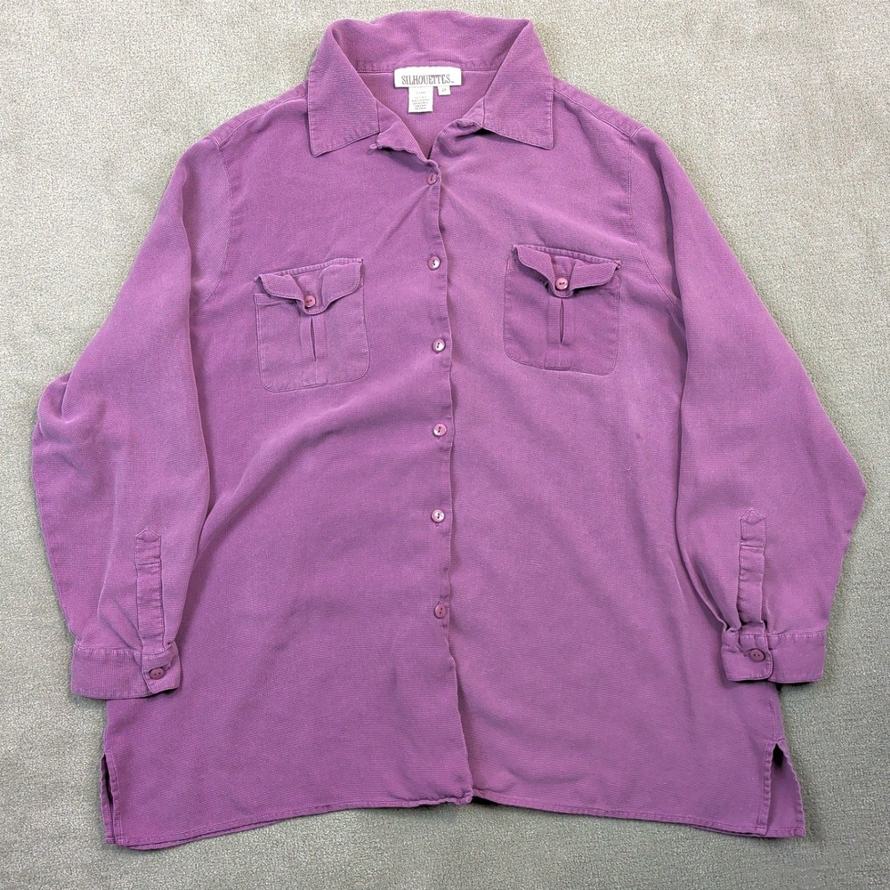 Silhouettes Silk Blouse Women 2X Purple Button Down Textured Long Sleeve Pocket